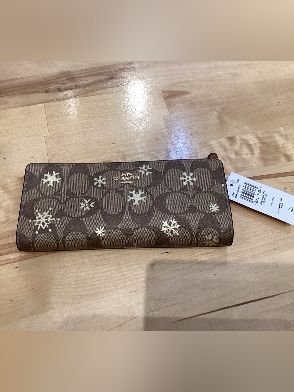 Coach Brown Signature Continental Wallet with Cream Snowflakes CF329